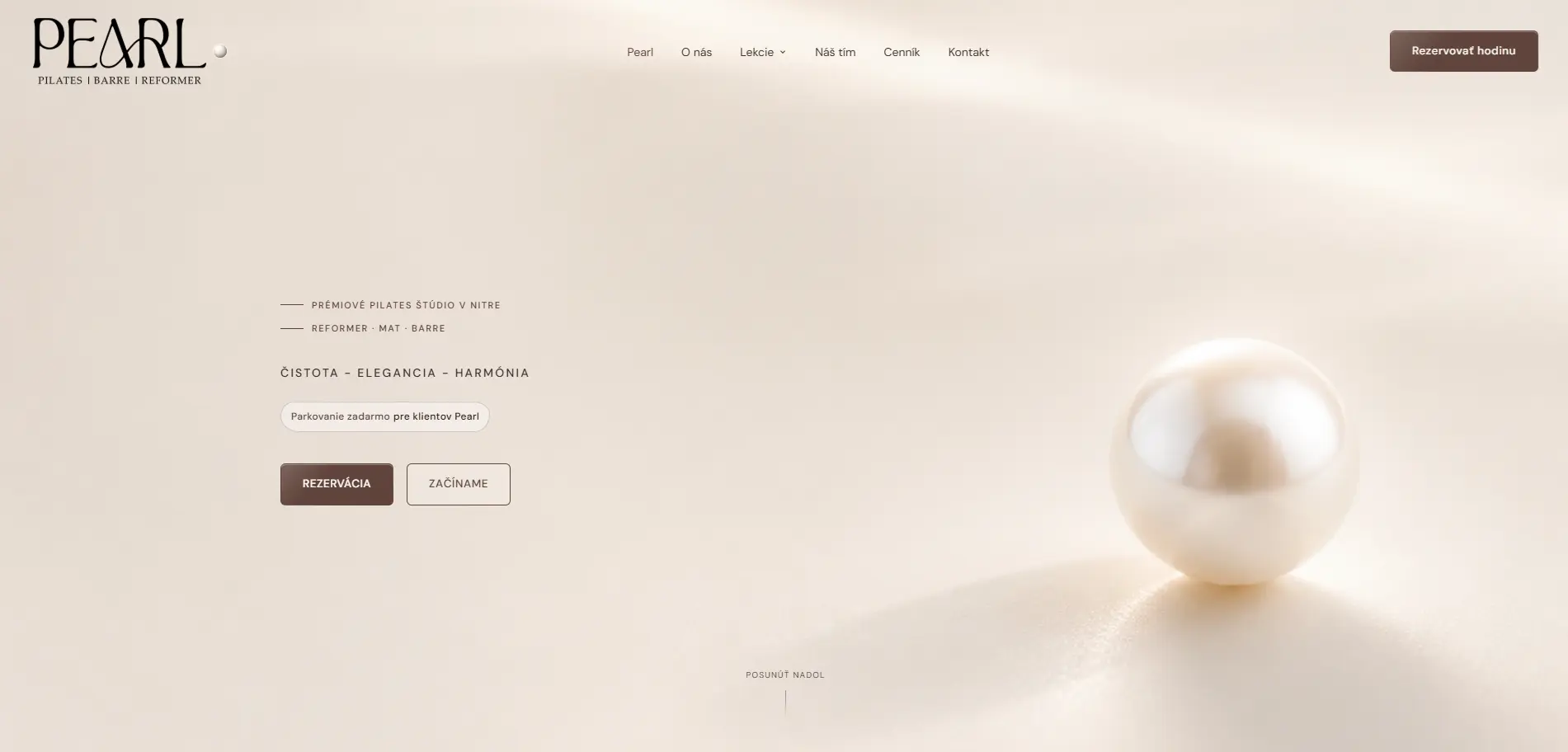 Pearl Pilates – úvodná stránka webu