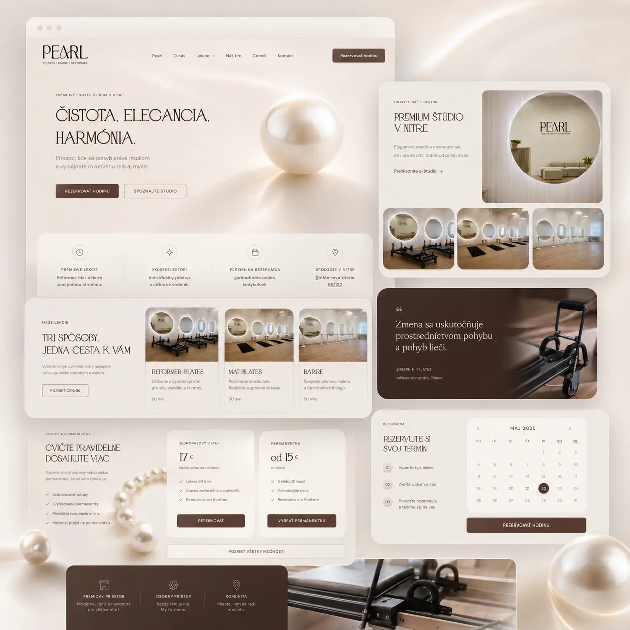Pearl Pilates – mockup sekcií webstránky